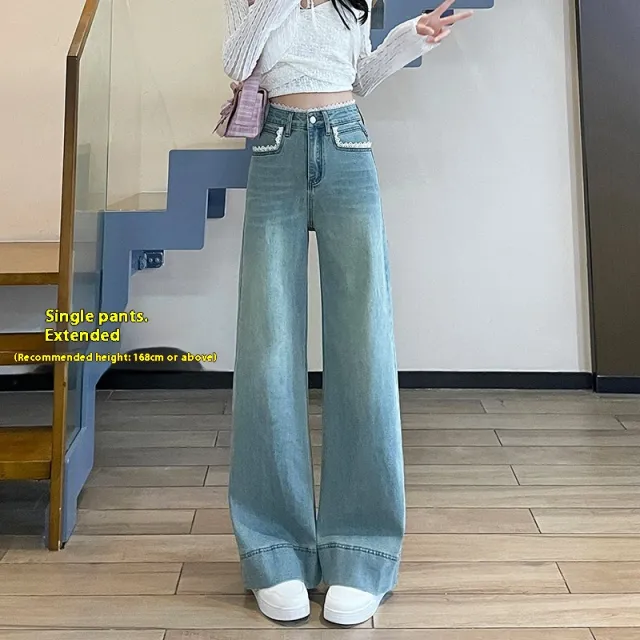 Women's Lace trim Wide leg Jeans 23930 Light Blue Lengthened - Shop at LoveMi
