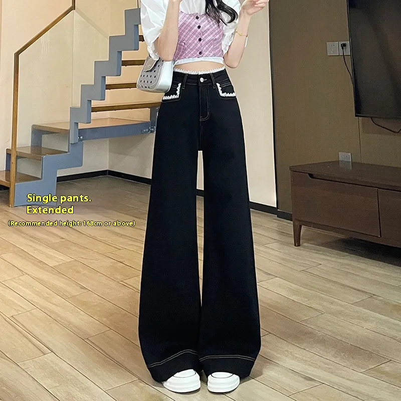 Women's Lace-trim Wide-leg Jeans - 23930 Black And Long