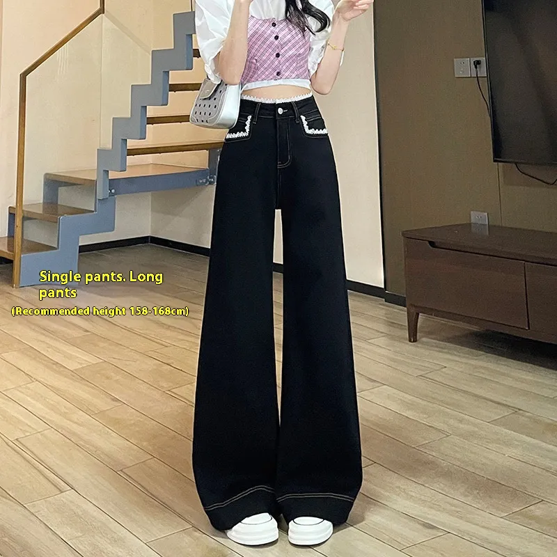 Women's Lace-trim Wide-leg Jeans - 23931 Black Trousers
