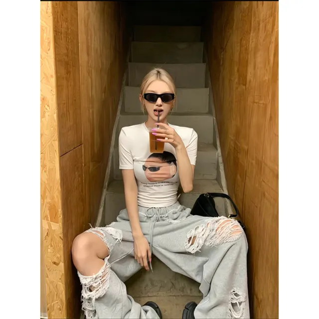 Loose Casual Dancing All matching Drawstring Wide leg Straight Trousers Gray - Shop at LoveMi
