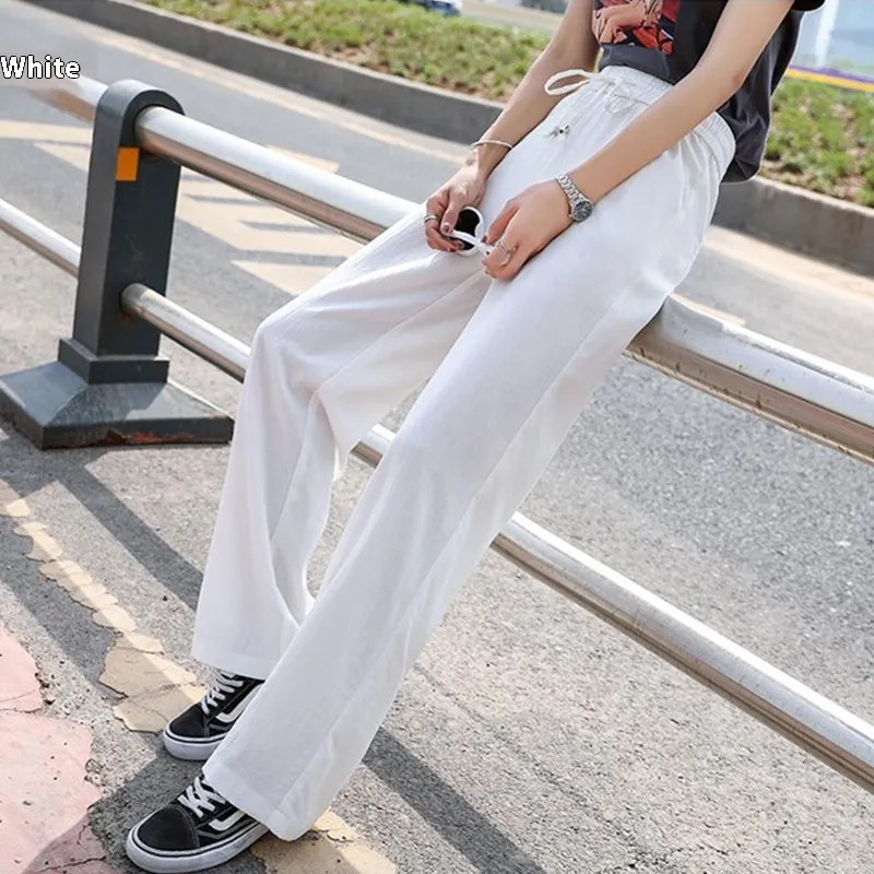 White Wide Leg Pants Female High Waist Drooping Ice Silk Leggings - White