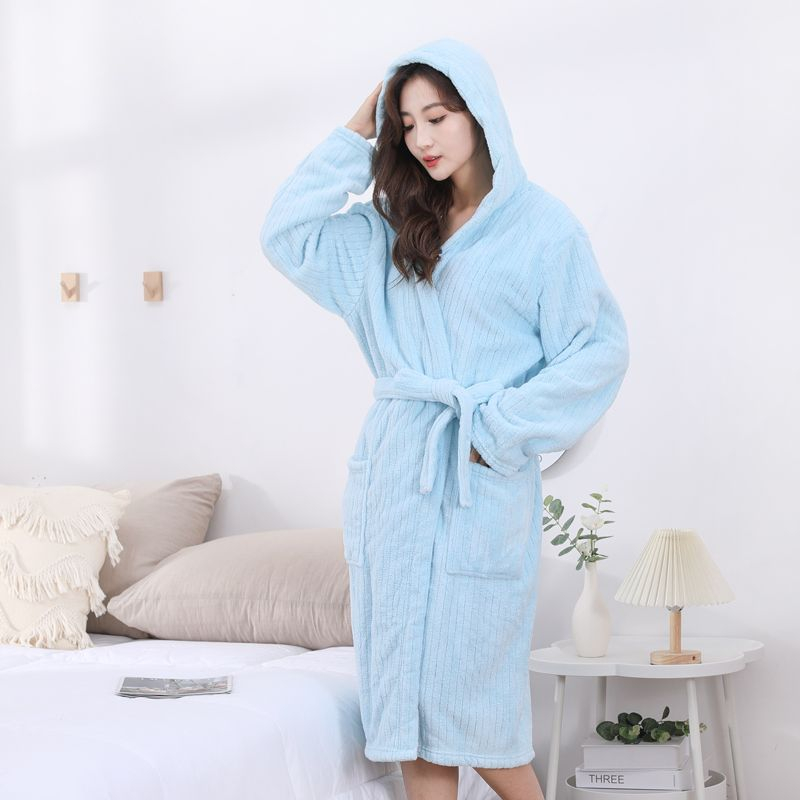 Thicken And Lengthen Coral Fleece Bathrobe Men's And Women's Absorbent Nightgown Vertical Stripes Solid Color