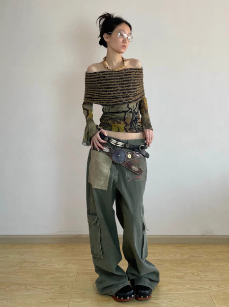 Off-shoulder Mesh Floral Print Retro Slim Fit Slimming Top