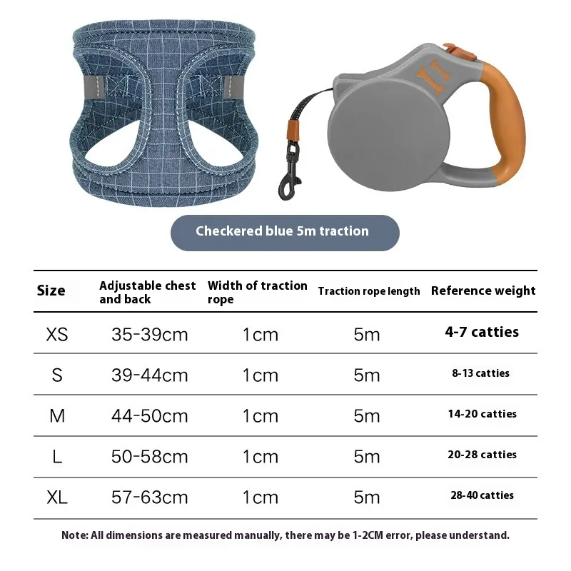 Dog Walking Dog Rope Leash Vest Style - Plaid Blue Retractable Suit