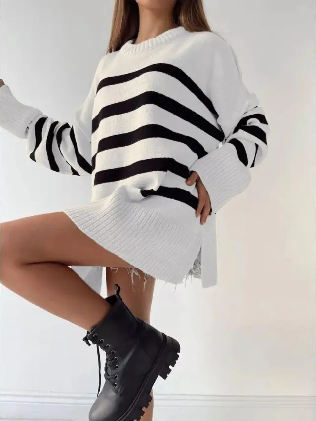 Women's Pullover Loose Round Neck Contrast Color Knitted Striped Sweater White - Shop at LoveMi