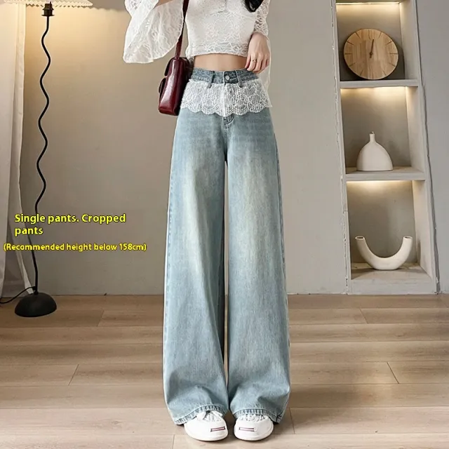 Loose Slimming And Straight Lace Wide Leg Jeans Light Colored Cropped Pants - Shop at LoveMi