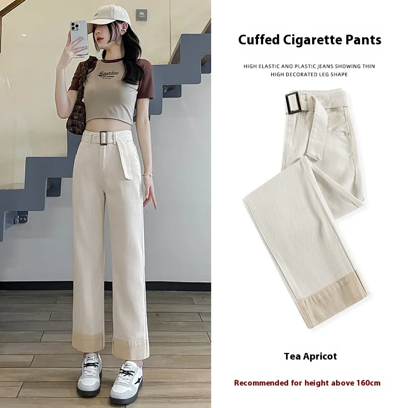 Women's Contrast Color Straight Jeans - Tea Apricot Nine Points