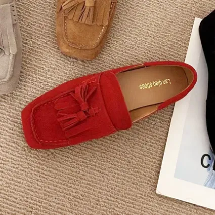 Square Head Soft Sole Shoes Women's All-matching Tassel Shallow Mouth Non-slip One Pedal Loafer - Red