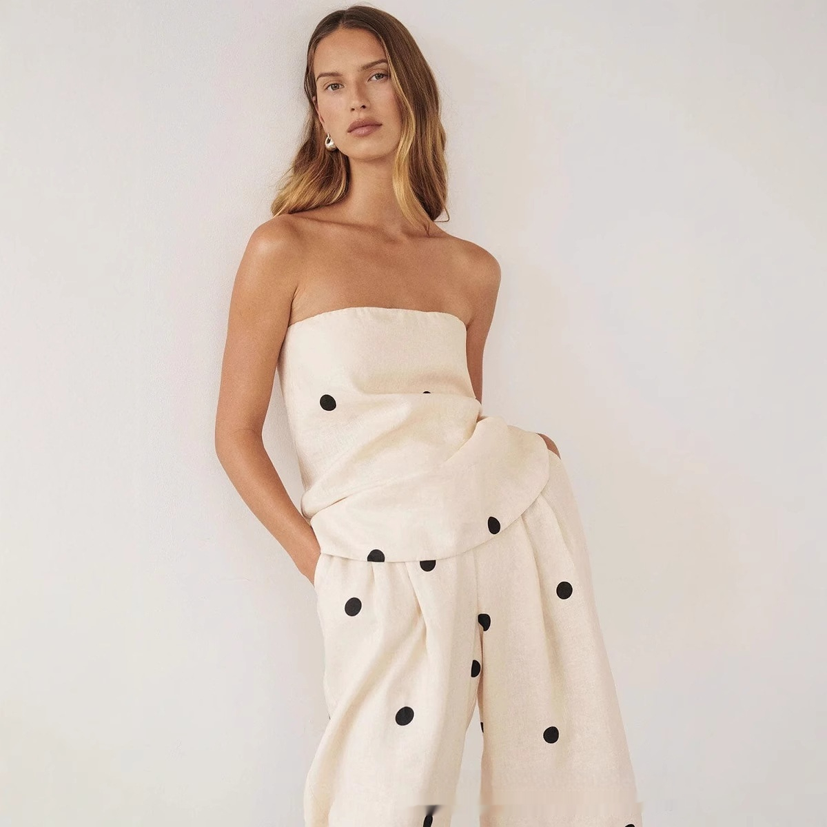 Leisure Suit Polka Dot Tube Top Wide Leg Pants