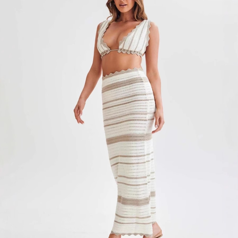 Knitted Spaghetti Straps Chest Wrap Top And Skirt Suit