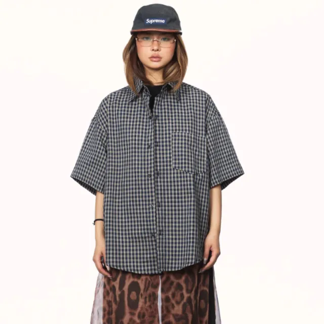Basic American Retro Casual Plaid Short Sleeve Dark Blue - Shop at LoveMi