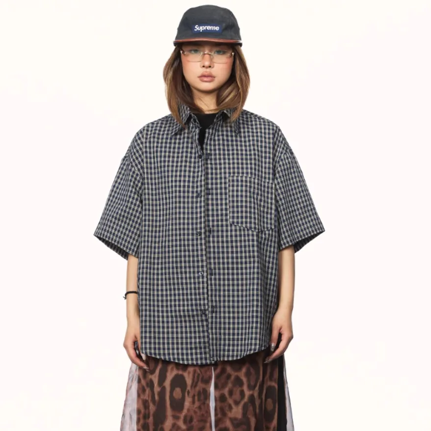 Basic American Retro Casual Plaid Short Sleeve - Dark Blue