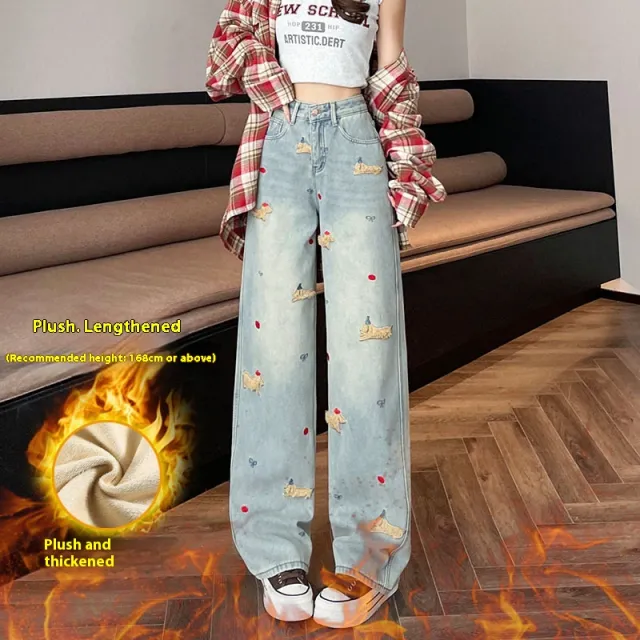 Cartoon Puppy Embroidered High Waist Straight Jeans Light Color Lengthened Velvet - Shop at LoveMi