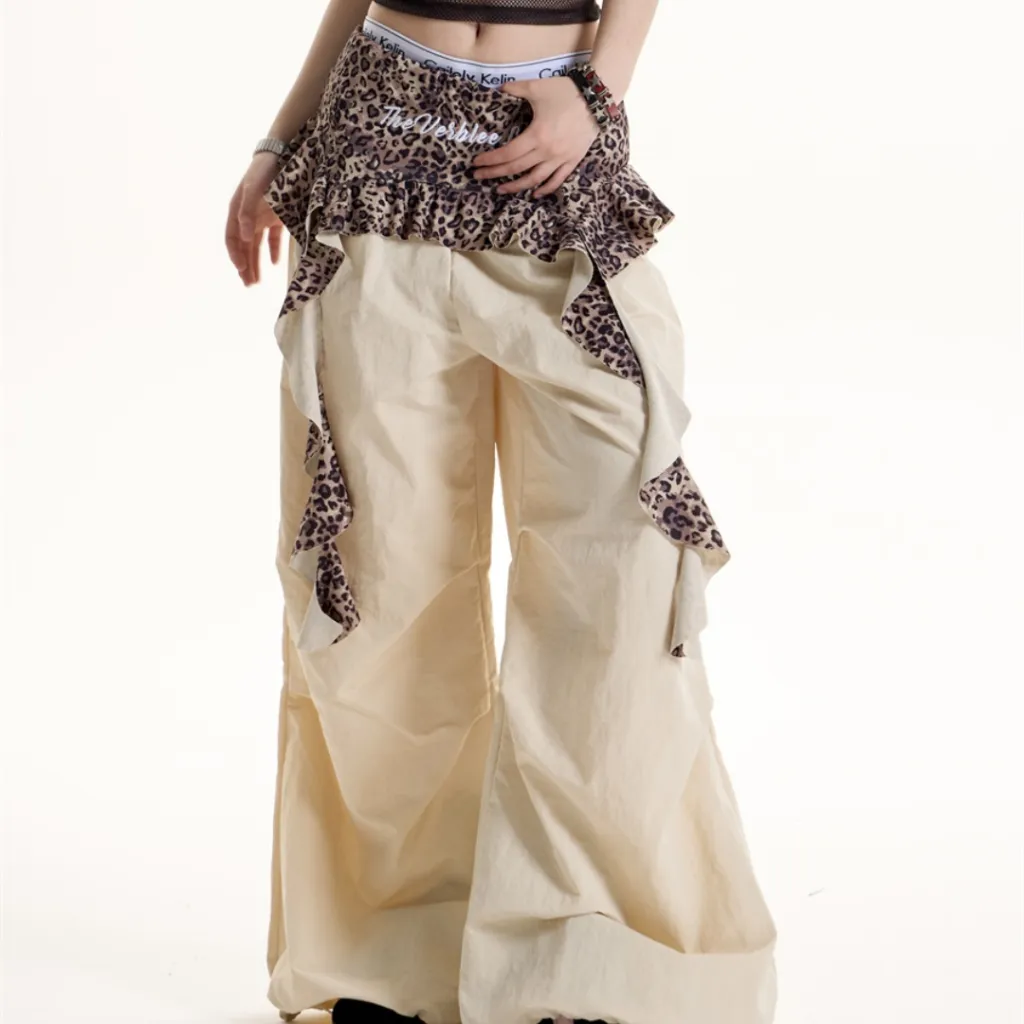 Women's American-style Leopard Print Fake Two-piece Casual Pants - Apricot