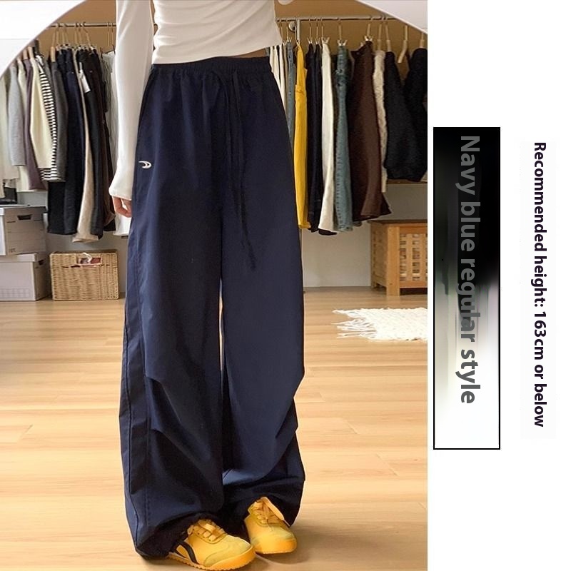 Loose Straight Casual Quick drying Sports Pants Embroidered Wide leg Pants Navy - Shop at LoveMi