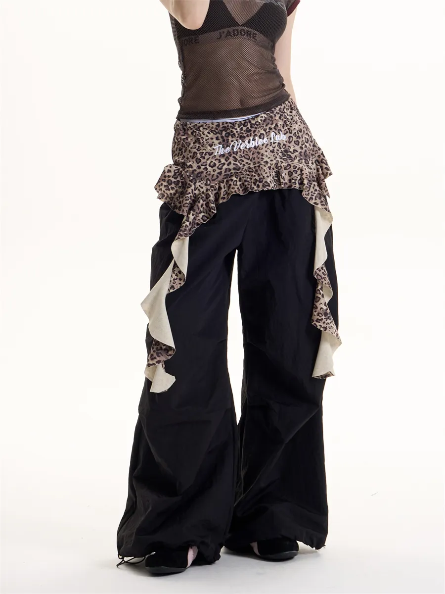 Women's American-style Leopard Print Fake Two-piece Casual Pants - Black