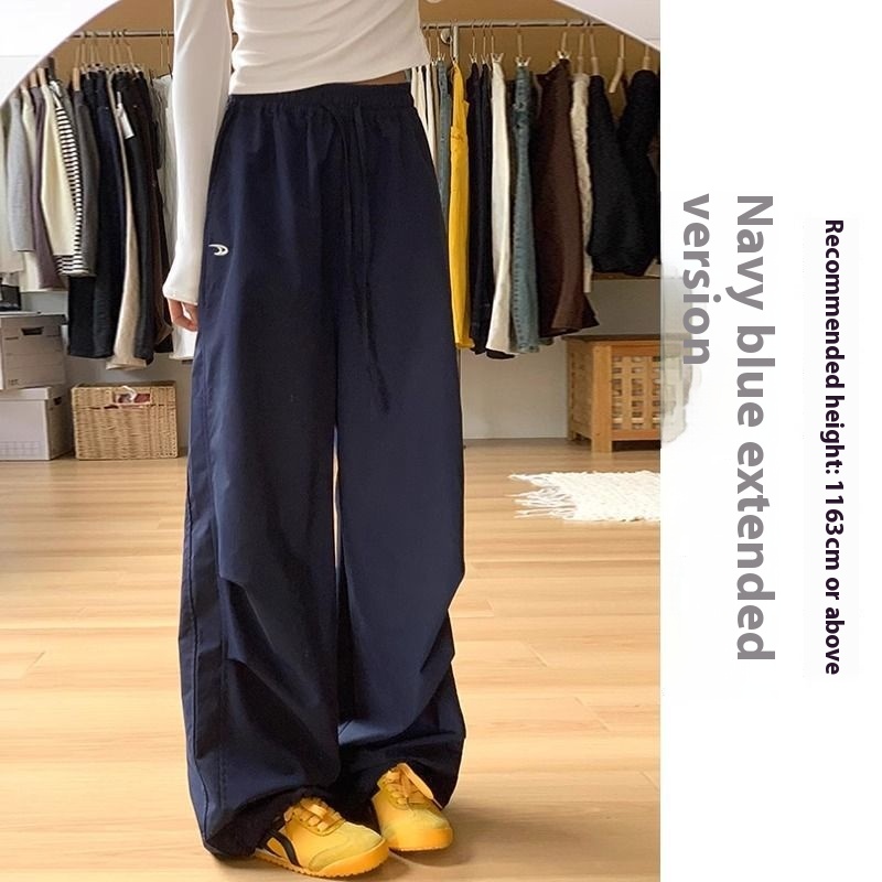 Loose Straight Casual Quick drying Sports Pants Embroidered Wide leg Pants Navy Blue Lengthened - Shop at LoveMi