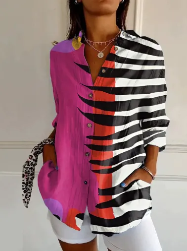 Women's Color Matching Casual Loose Button Digital Printing Shirt - Yk2320Mc-2Xl