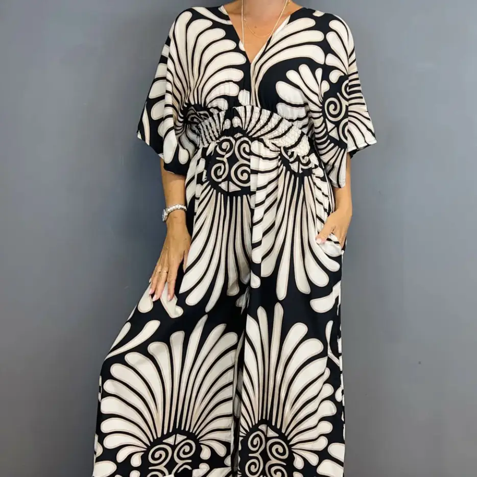 V-neck Printed High Waist Plus Size Women's Jumpsuit