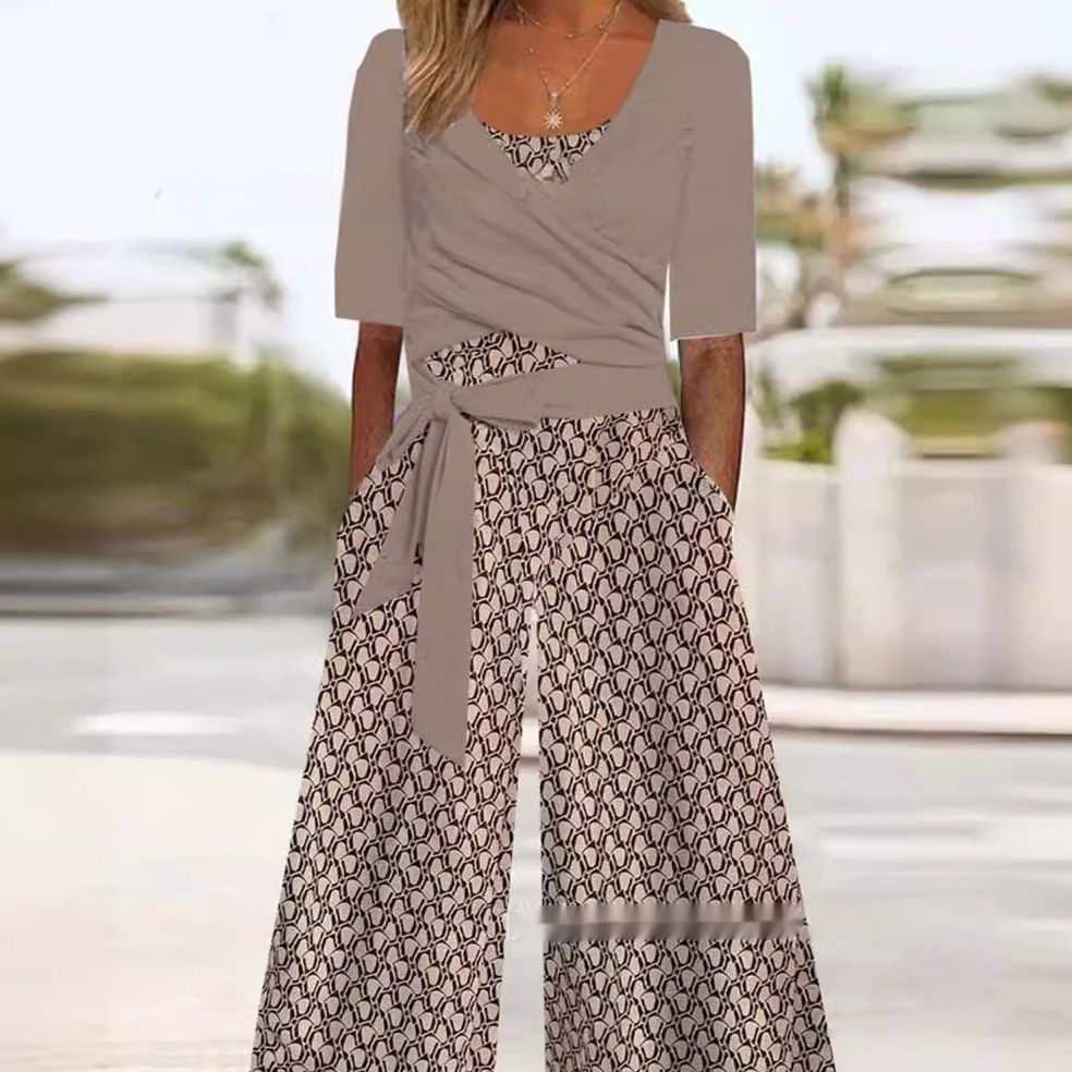 Casual Geometric Print Lace-up Two-piece Set