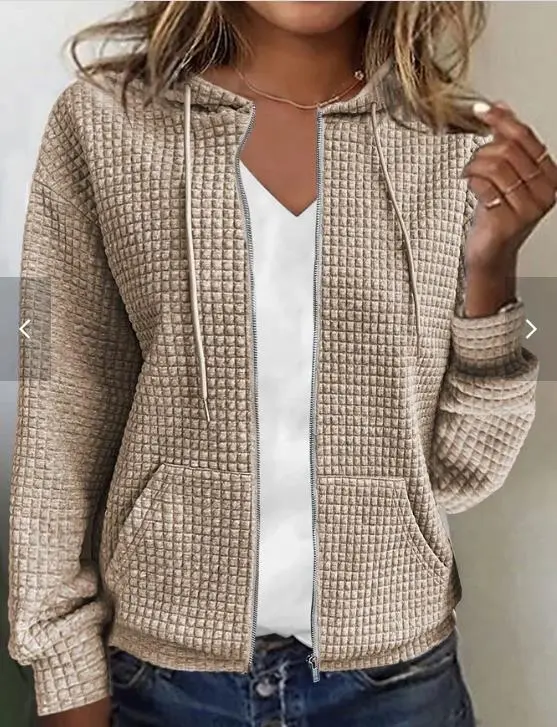 Women's Zipper Hooded Cardigan Long Sleeve Sweater Coat Khaki1 - Shop at LoveMi