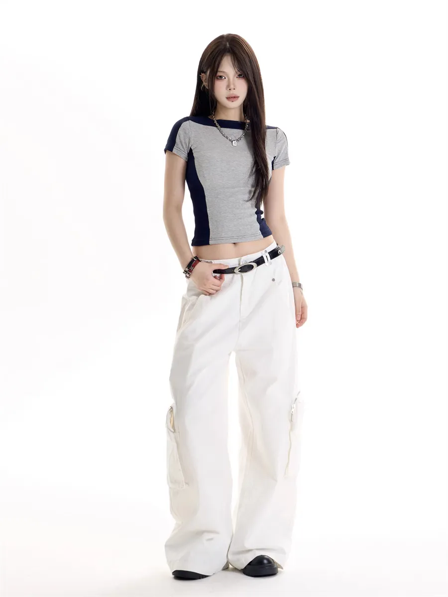 American Retro Style Multi-pocket Cargo Pants - White