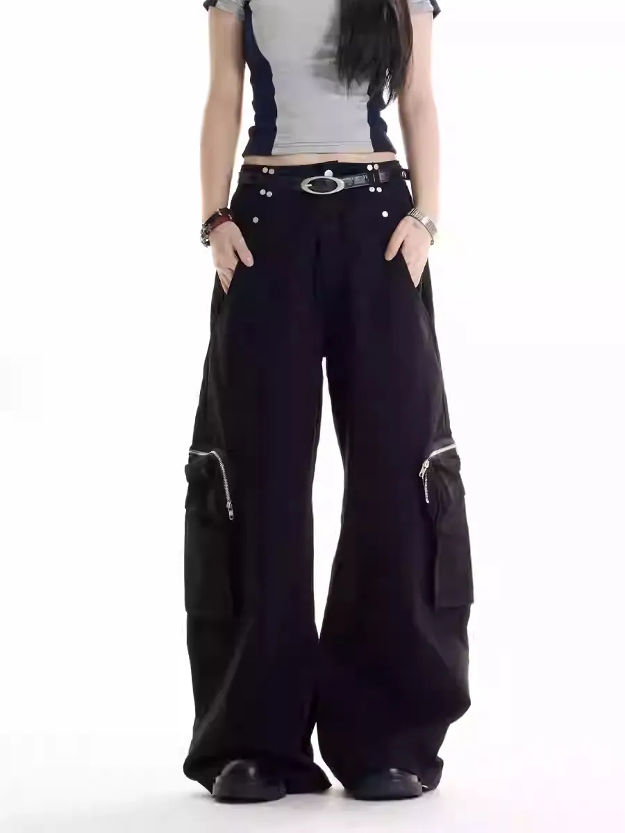 American Retro Style Multi-pocket Cargo Pants - Black