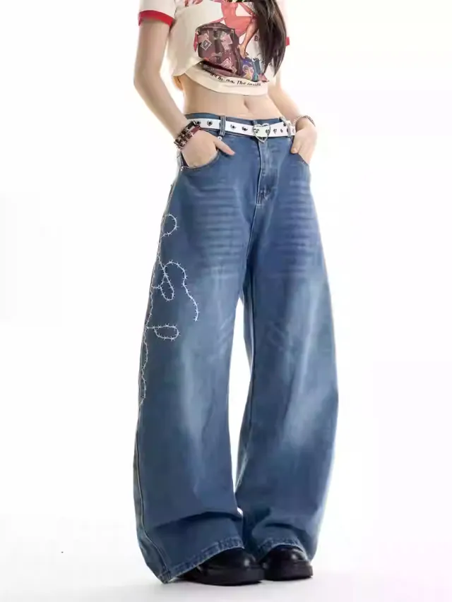 American Retro Embroidered Machete Jeans Blue - Shop at LoveMi