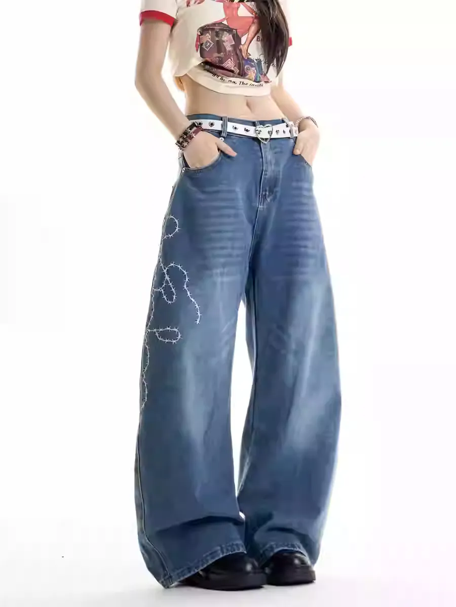American Retro Embroidered Machete Jeans - Blue