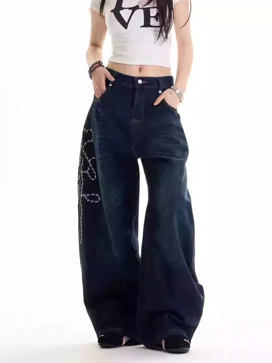 American Retro Embroidered Machete Jeans - Black