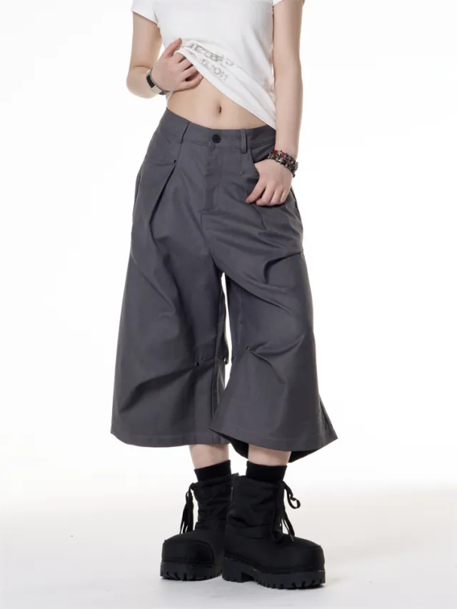 Rivet Pleated Loose fitting Wide leg Short Jumpsuit Gray - Shop at LoveMi