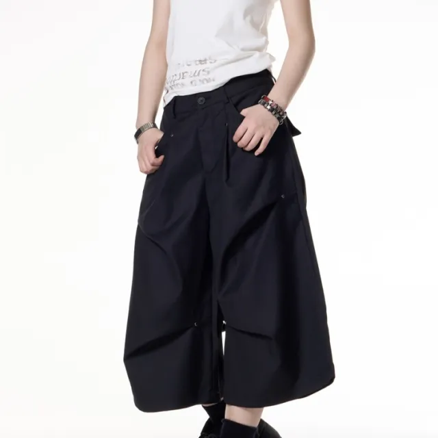Rivet Pleated Loose fitting Wide leg Short Jumpsuit Black - Shop at LoveMi