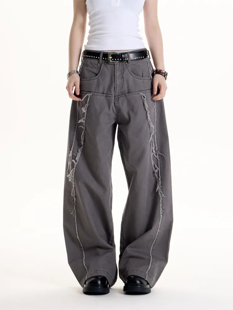American Retro Style Wool Tassel Deconstructive Design Jeans - Lime