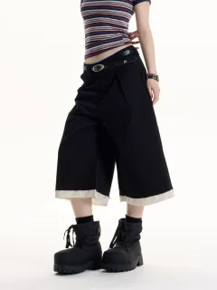 American Retro Patchwork Stripes Pleated Casual Shorts - Black - View 1