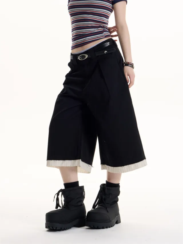 American Retro Patchwork Stripes Pleated Casual Shorts Black - Shop at LoveMi