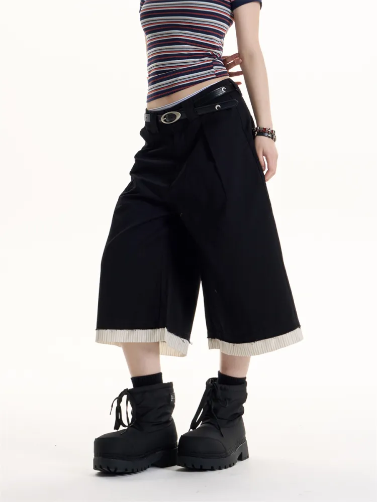American Retro Patchwork Stripes Pleated Casual Shorts - Black