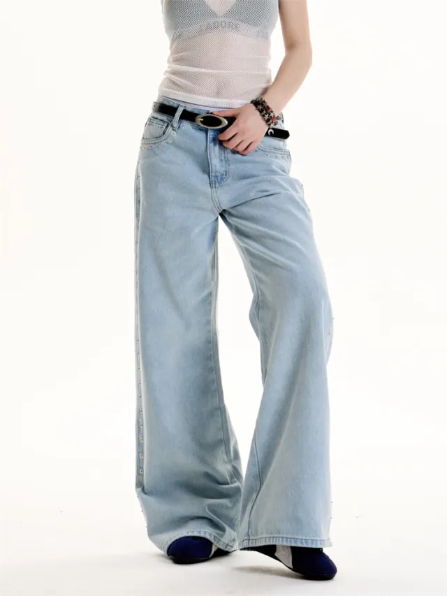 American Retro Style Rivet Design Sense Matchet Pants Blue - Shop at LoveMi
