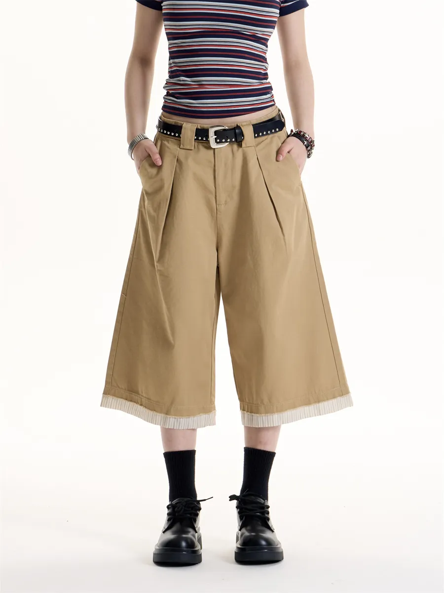 American Retro Patchwork Stripes Pleated Casual Shorts - Khaki