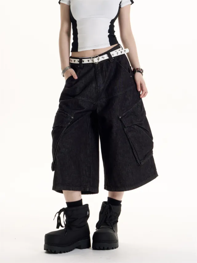 American Retro Big Workwear With Pocket Denim Shorts Black - Shop at LoveMi