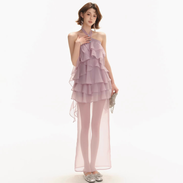 Original Design Hazy Atmosphere High Slit Long Dress Sexy Backless Multi-layer Ruffles