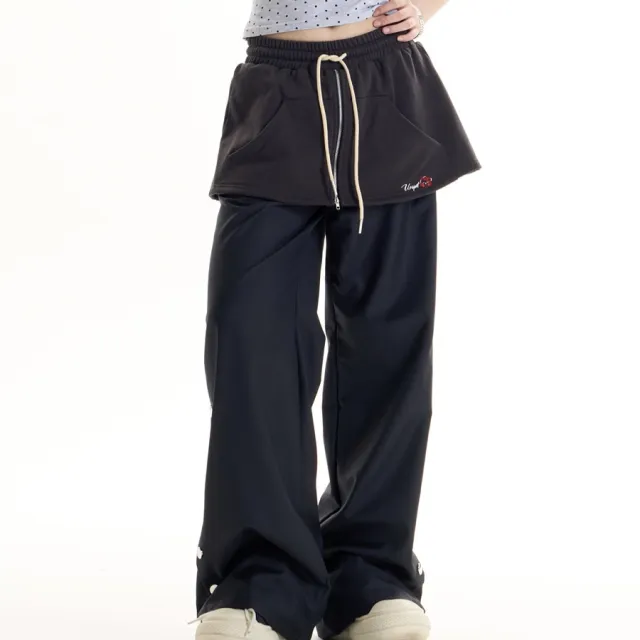 American Retro Style Fake Two piece Design Casual Pants Black - Shop at LoveMi