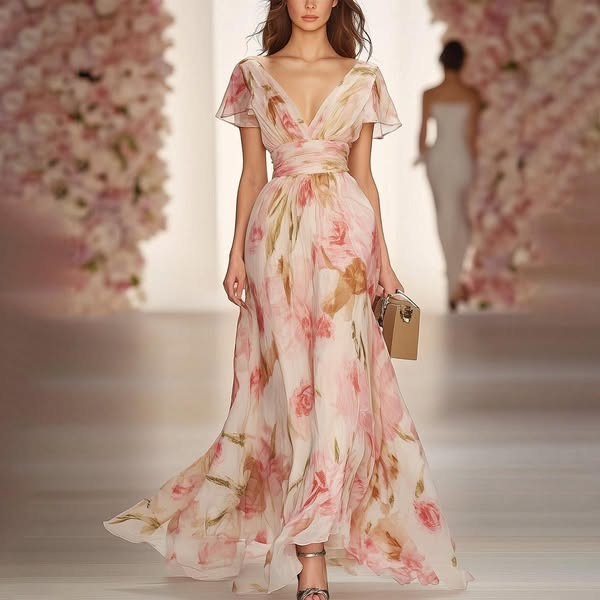 Short Sleeve V-neck Digital Printed Long Skirt Elastic Waist - Image 3