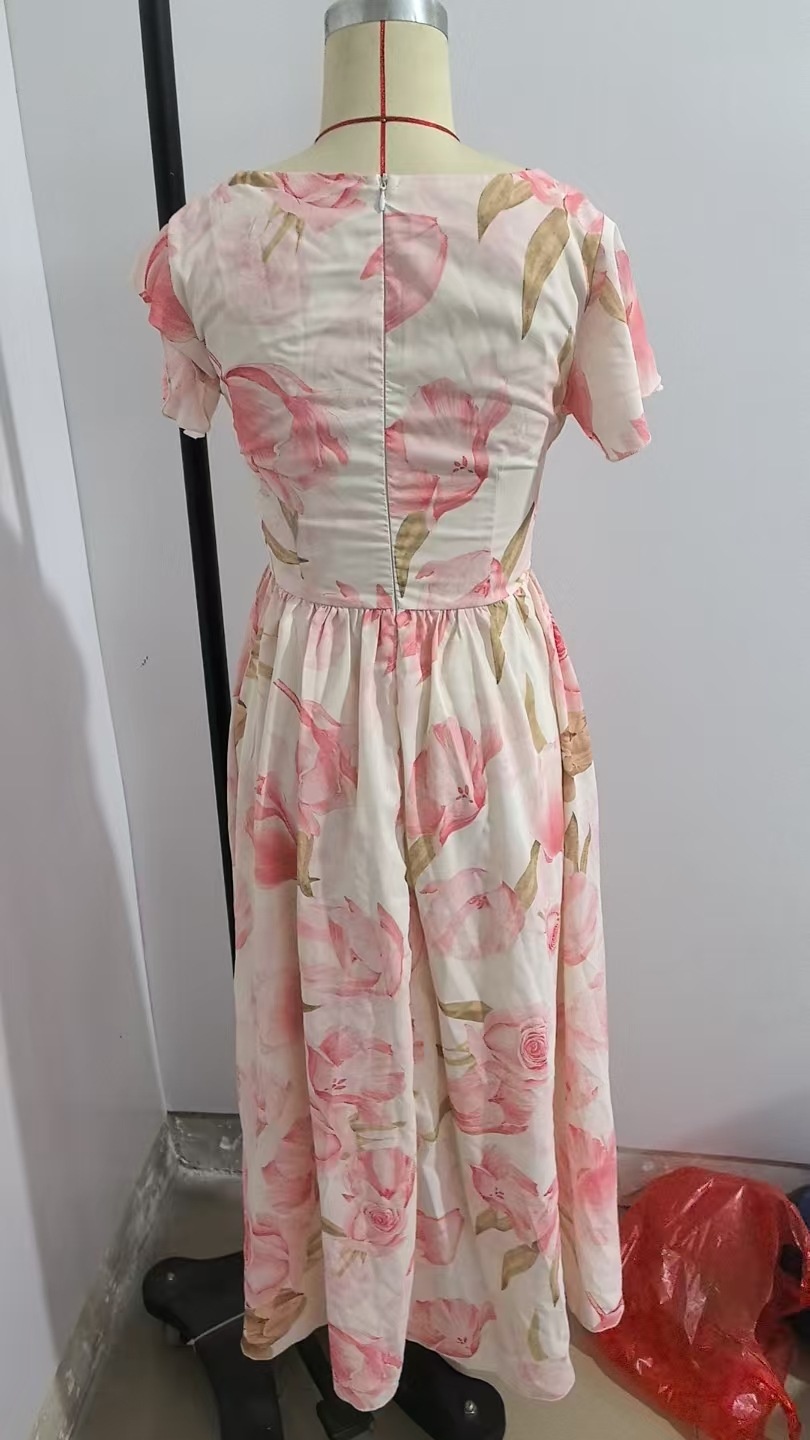 Short Sleeve V-neck Digital Printed Long Skirt Elastic Waist - Image 2