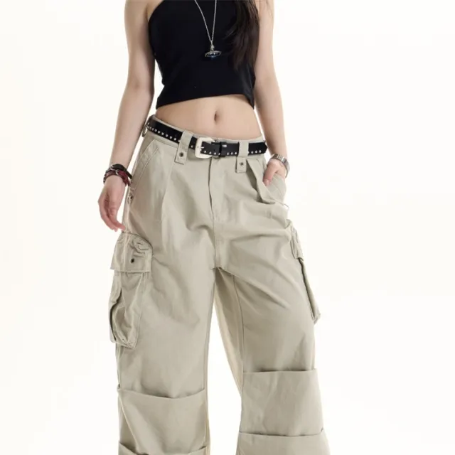 American Retro Multi pocket Cargo Pants Apricot - Shop at LoveMi