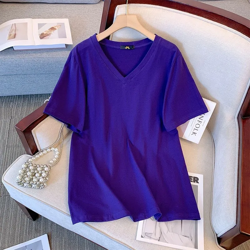 Summer Pure Cotton Short Sleeve T-shirt Top V-neck Loose - Dark Blue