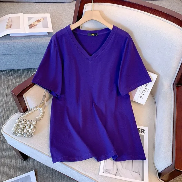 Summer Pure Cotton Short Sleeve T shirt Top V neck Loose Dark Blue - Shop at LoveMi