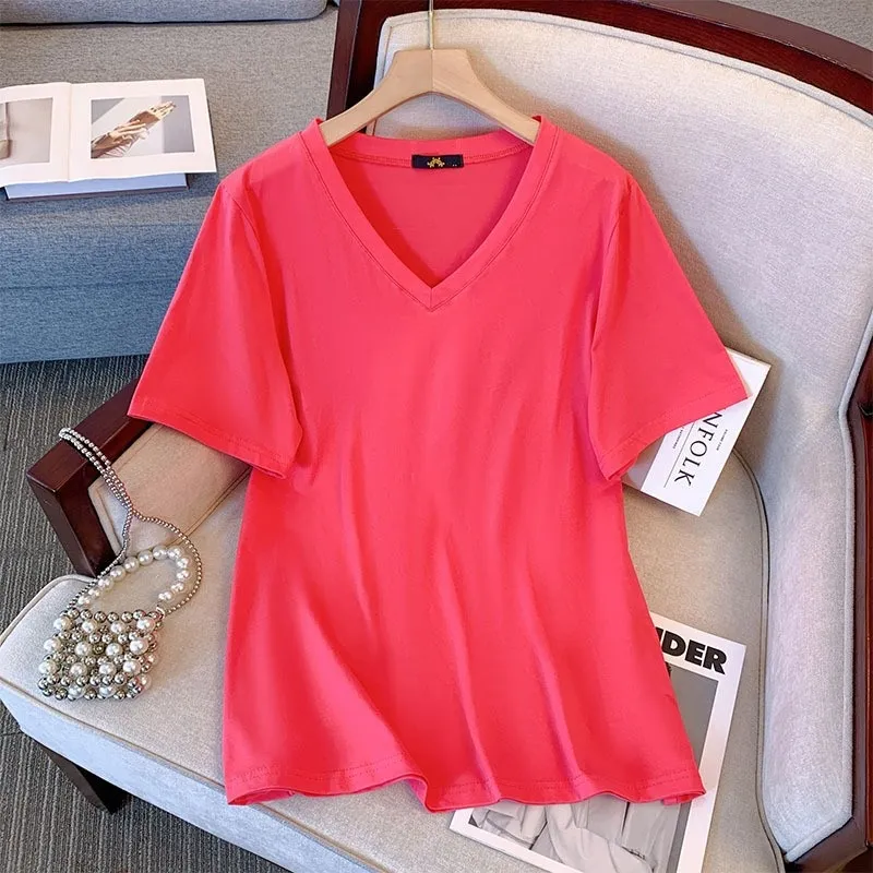 Summer Pure Cotton Short Sleeve T-shirt Top V-neck Loose - Red