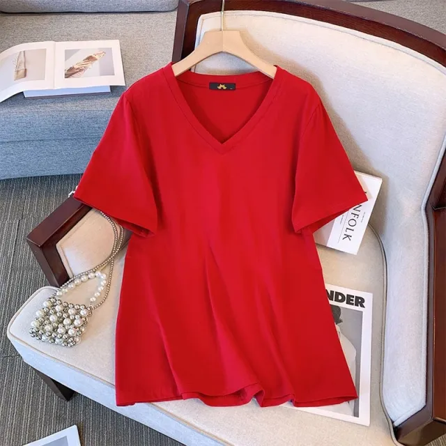 Summer Pure Cotton Short Sleeve T shirt Top V neck Loose Deep Red - Shop at LoveMi