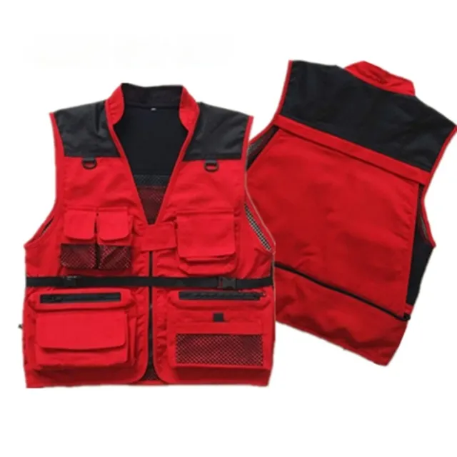 Extra Fish Multi pocket Multi pocket Workwear Waistcoat Vest Red - Shop at LoveMi