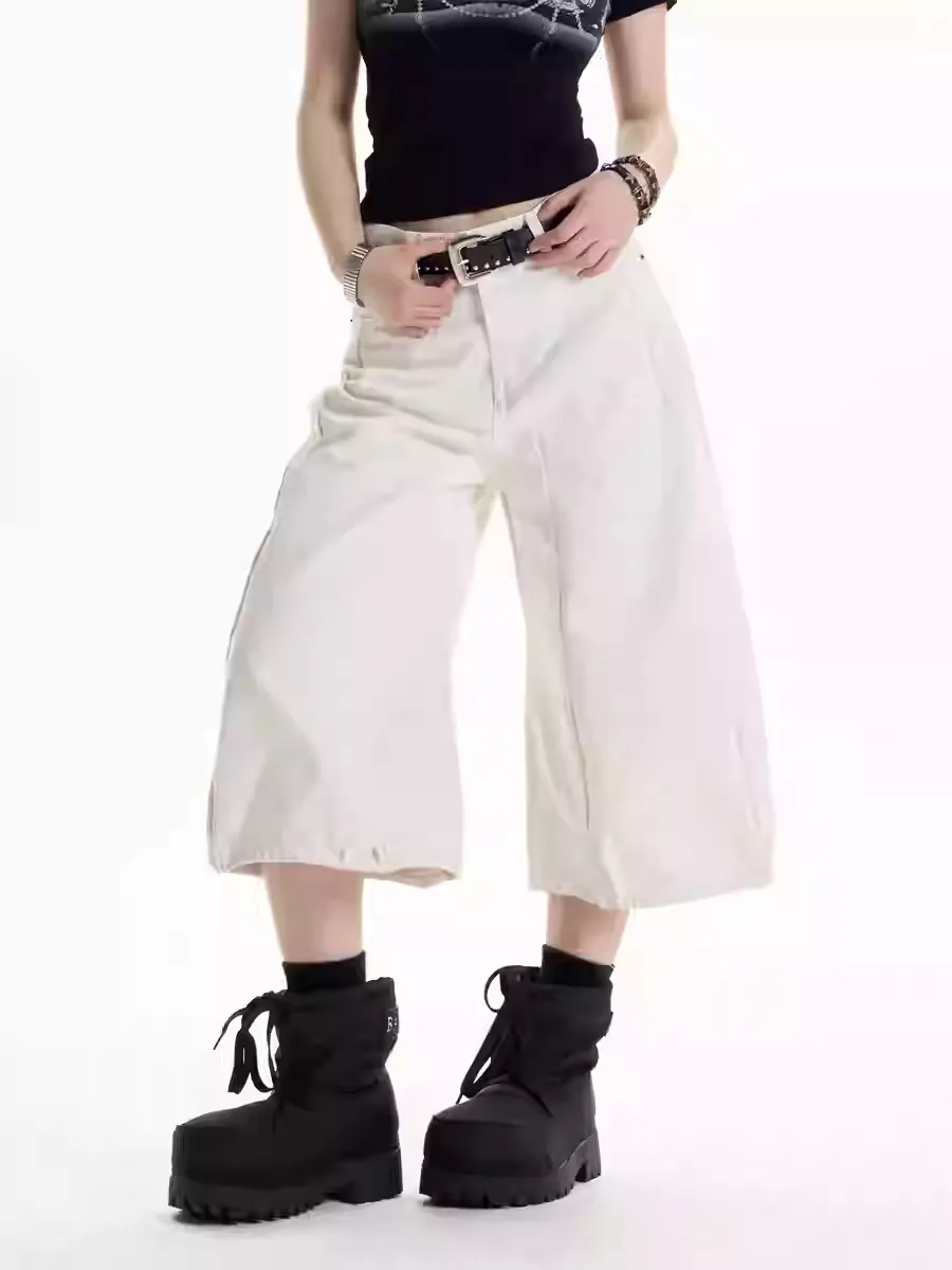 American Retro Style White Wide-leg Casual Pants - White